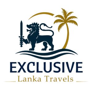 Exclusive Lanka Travels logo with heraldic lion, sword, palm tree, sun, and ocean waves.