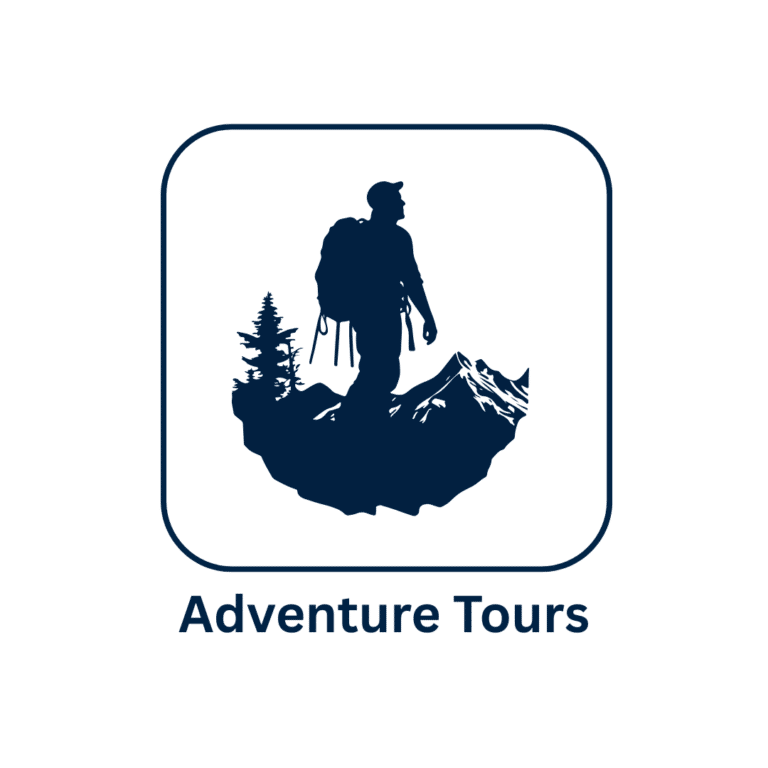 Adventure Tours logo featuring a hiker, mountain peaks, and evergreen trees.