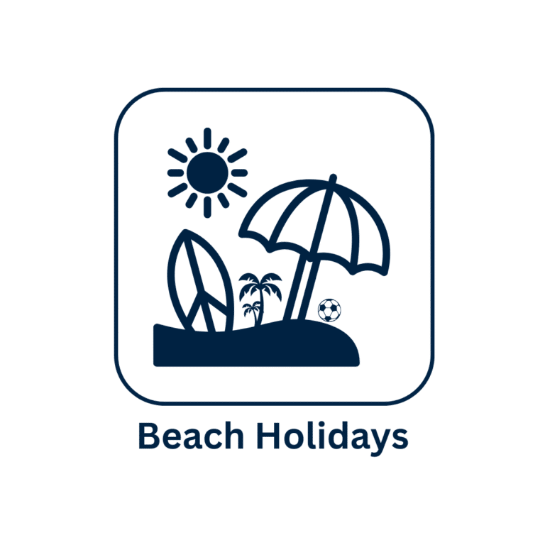 Beach holidays icon with umbrella, surfboard, sun, palm trees, and beach ball.
