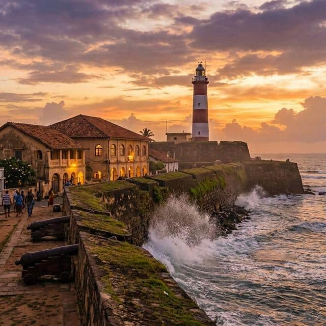 Historic coastal lighthouse and stone fort overlooking crashing waves at sunset.