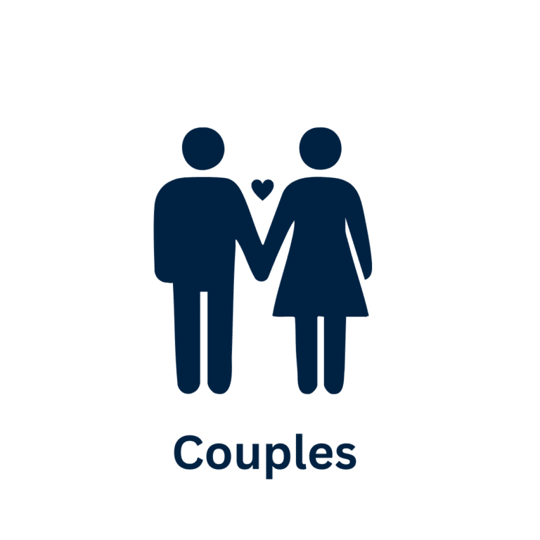 Romantic couple holding hands beneath a heart icon.