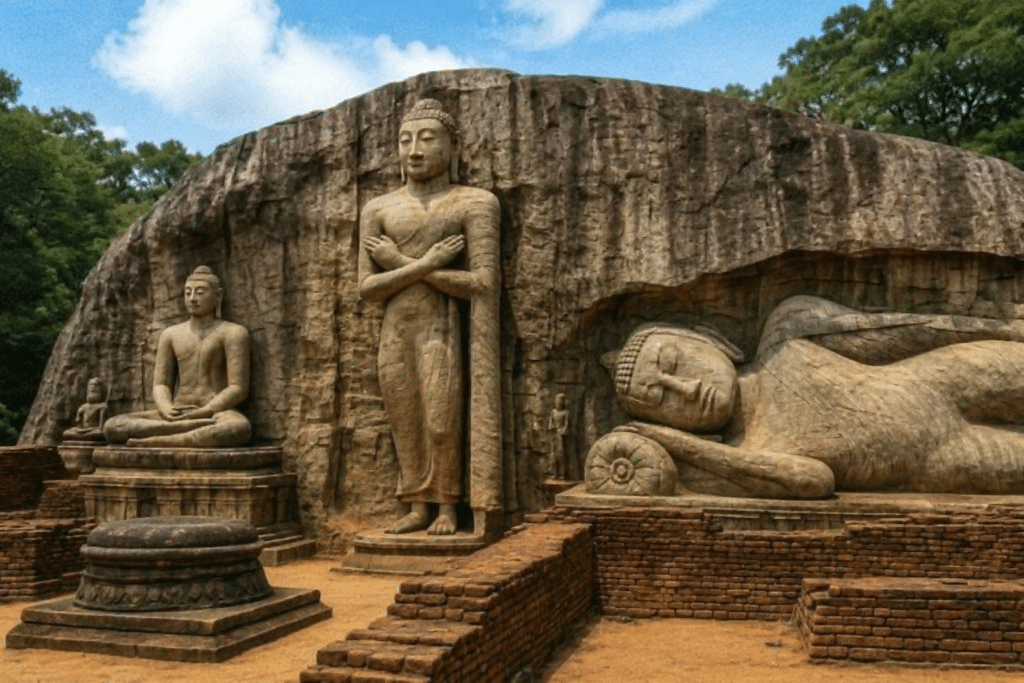 Seated, standing, and reclining Gal Vihara Buddha statues in Polonnaruwa, Sri Lanka.