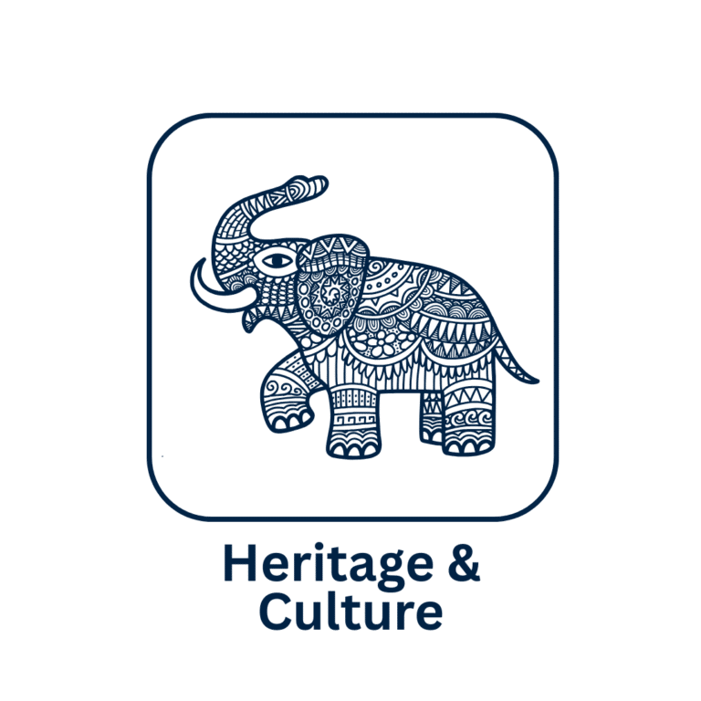 Ornate South Asian elephant with traditional patterns and Heritage & Culture text.