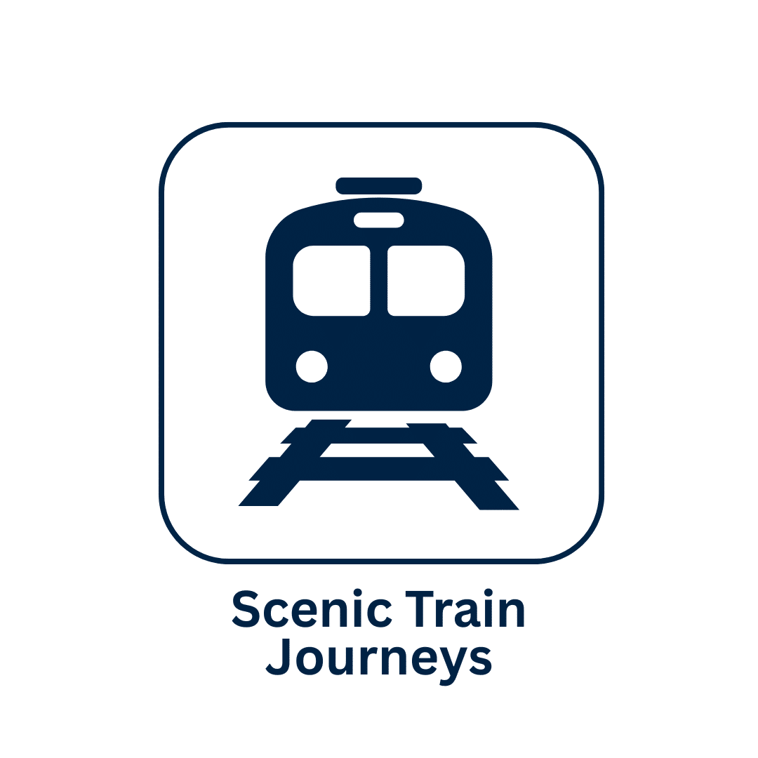 Scenic Train Journeys logo with front-facing train and railway tracks.