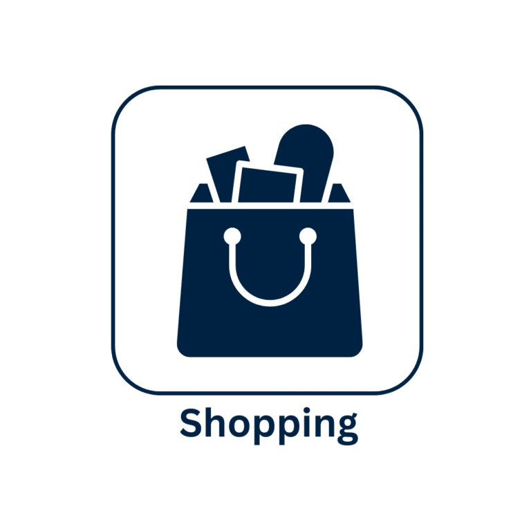 Navy blue shopping bag icon with products and rounded square frame.