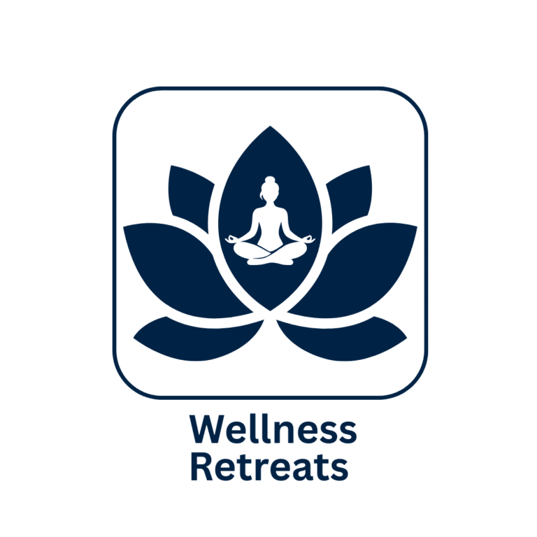 Wellness Retreats lotus logo with meditating figure in navy blue.