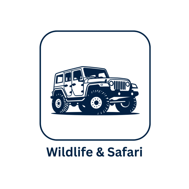 Wildlife safari adventure logo with rugged off-road Jeep in a navy rounded-square frame.