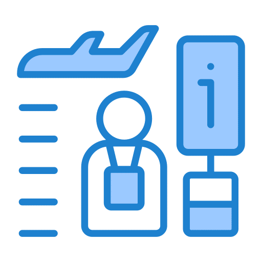 Airport travel guide with airplane, information sign, and traveler icon.