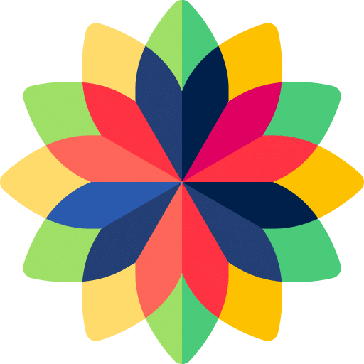 Colorful geometric floral mandala with layered petals on a muted green background.