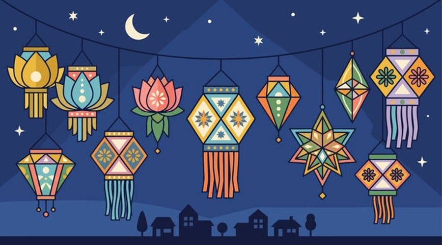 Colorful Ramadan lanterns hang beneath a crescent moon over a mosque skyline.
