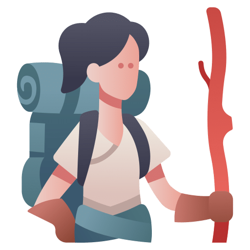 Female hiker carrying a large backpack and walking stick.