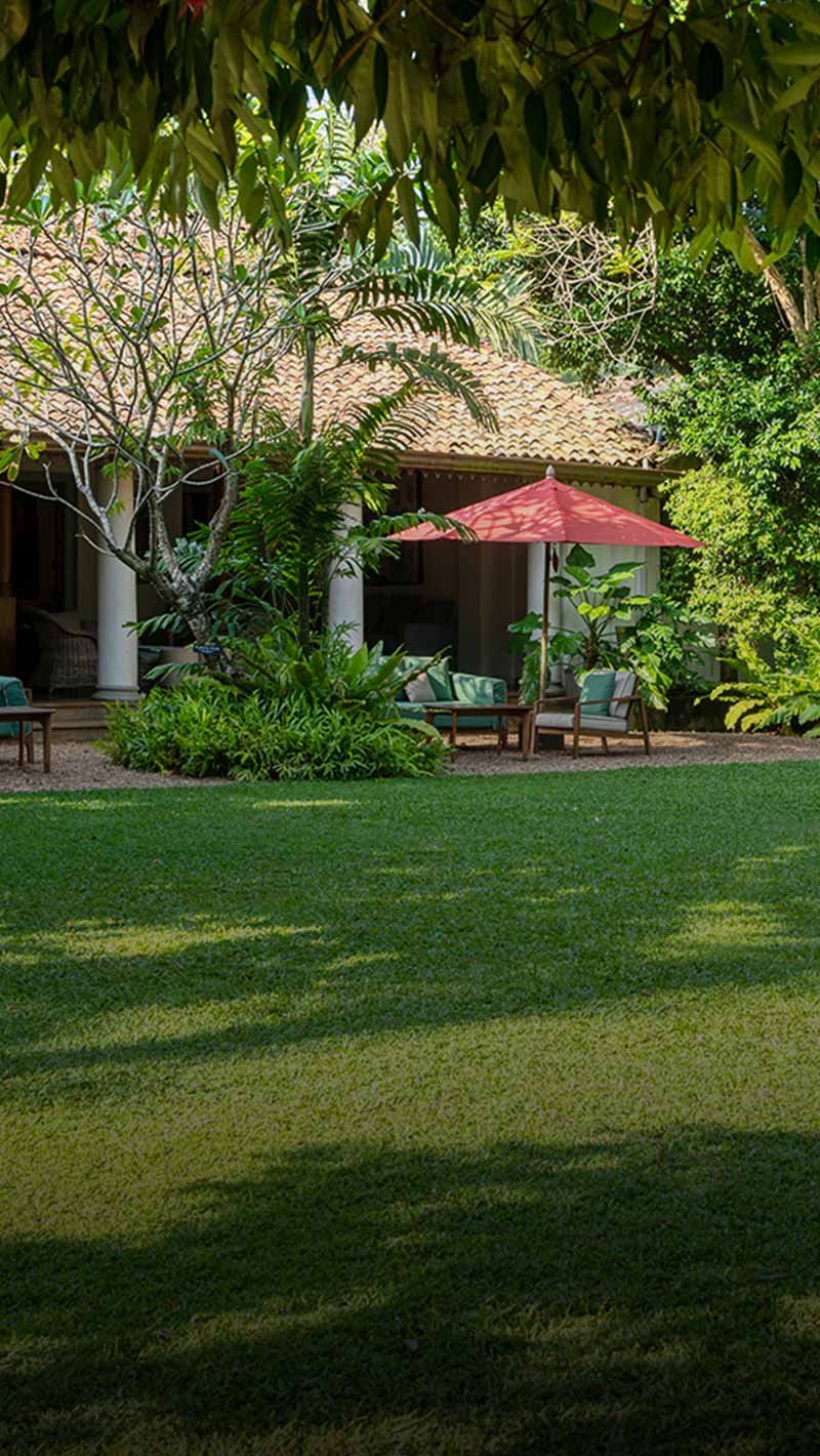 Lush garden patio with red umbrella, outdoor seating, and shaded lawn.