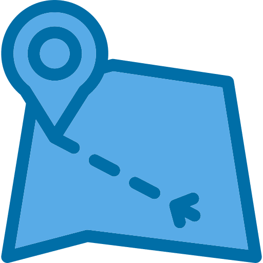 Map route with blue location pin and directional path icon.