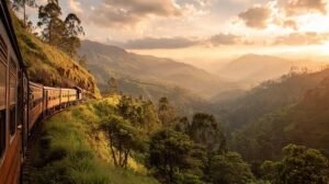 Scenic passenger train winding through lush mountains at golden sunset.