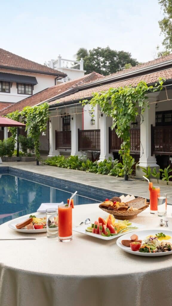 Luxury tropical villa poolside dining with colorful cuisine and refreshing drinks.