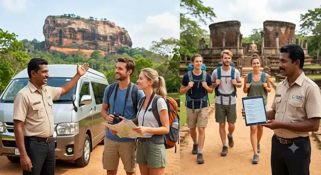 Sri Lanka private guides lead tourists at Sigiriya Rock and ancient ruins.