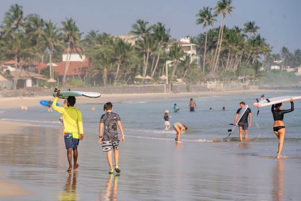 Young surfers carrying boards along a palm-lined tropical beach.