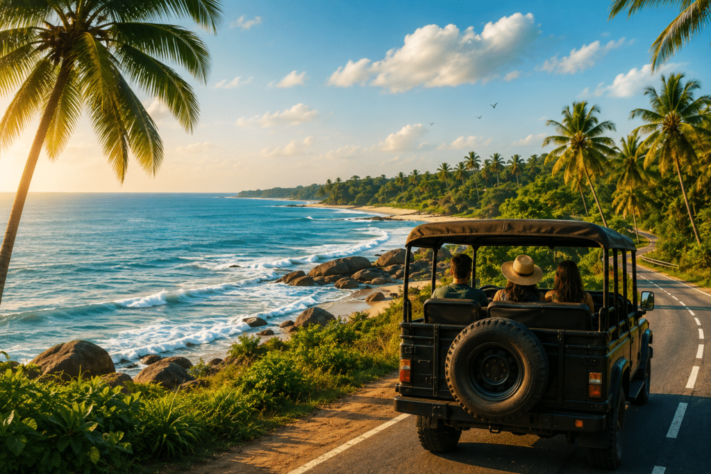 Open-top jeep on tropical coastal road with palm trees, turquoise ocean, and golden sunset.