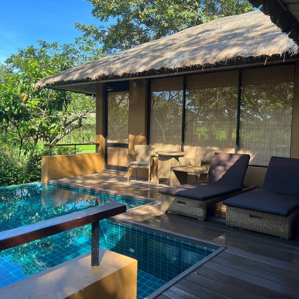 Tropical thatched-roof villa with private pool, shaded terrace, and lush greenery.