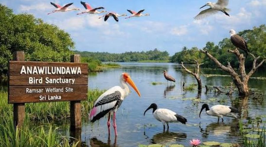 Painted storks and waterbirds at Anawilundawa Bird Sanctuary wetland in Sri Lanka.