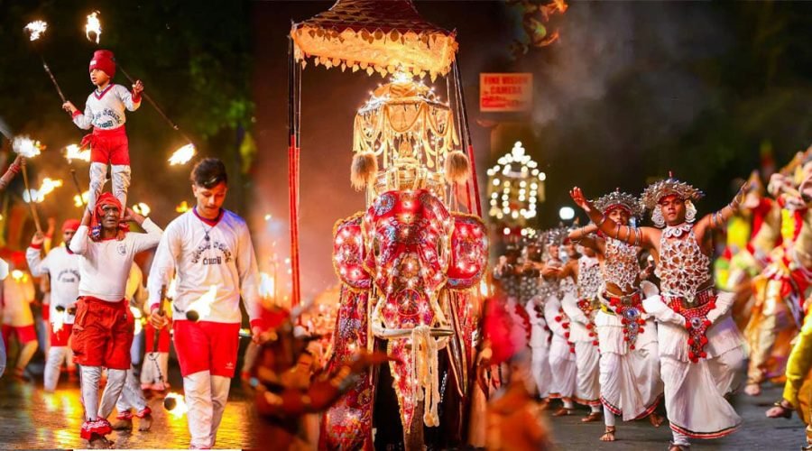 Decorated elephant leads a vibrant South Asian cultural procession with dancers and firelight at night.
