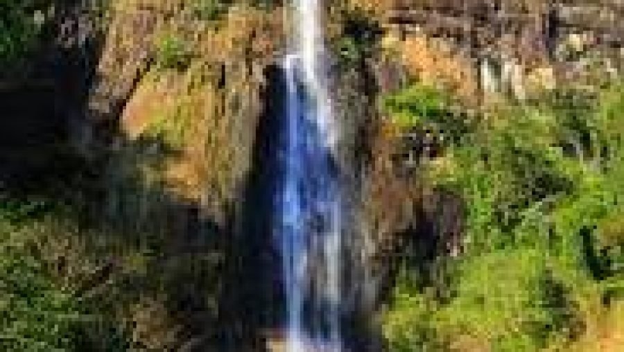 Tall waterfall cascading down a rugged cliff surrounded by lush green vegetation.