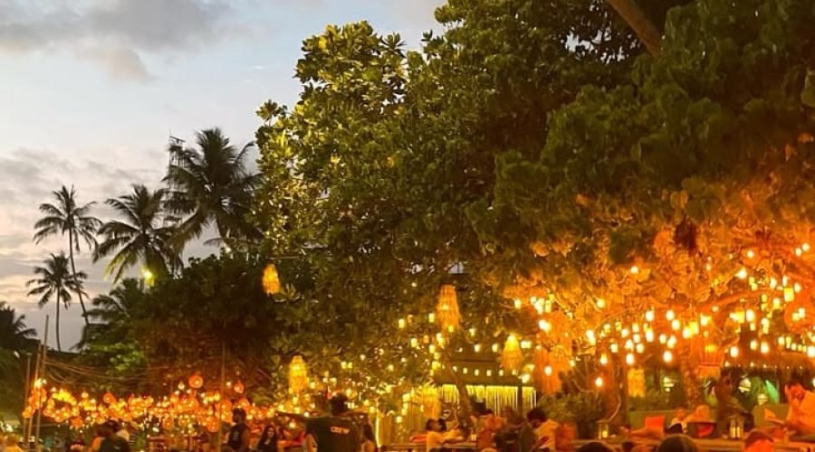 Beachfront dining under palm trees and string lights at dusk in Mirissa, Sri Lanka.
