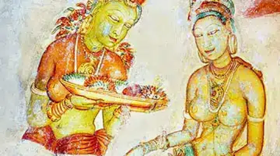 Ancient Sigiriya fresco depicting an adorned woman presenting offerings to a seated royal figure.