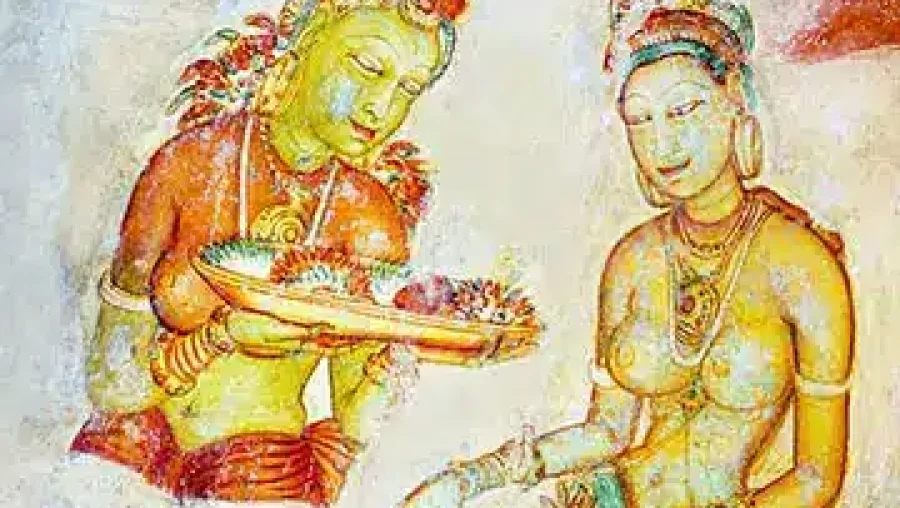 Ancient Sigiriya fresco depicting an adorned woman presenting offerings to a seated royal figure.