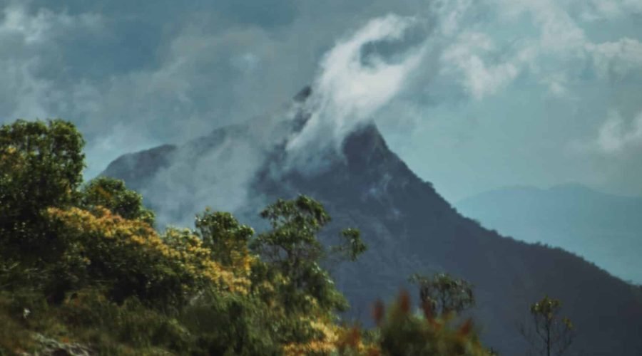 Misty tropical mountain peak beneath dramatic clouds and lush rainforest foliage.