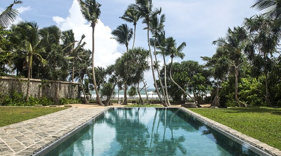 Tropical villa pool surrounded by lush palm gardens in Sri Lanka.