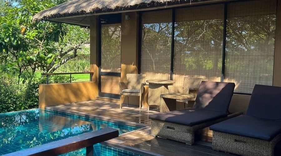 Tropical thatched-roof villa with private pool, shaded terrace, and lush greenery.