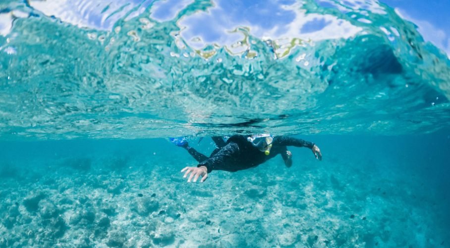 Swimmer glides underwater above a coral seabed in a crystal-clear turquoise sea.